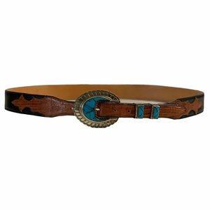 Vintage- Navajo Sterling Silver 925 Signed Turquoise Inlay Leather Belt